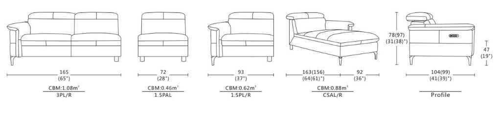 Dimensions of Harris Sofa / Power Incliner +  Adjustable Headrest / Full Leather