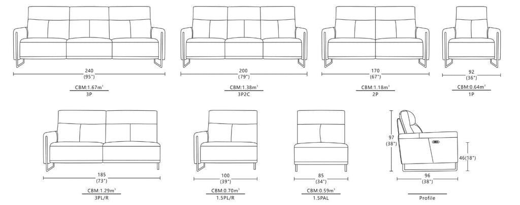 Dimensions of Xavier Sofa / Power Incliner / Full Leather