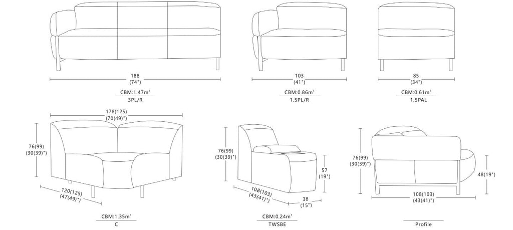 Dimensions of Wilmer Sofa / Power Incliner + Adjustable Headrest / Fabric