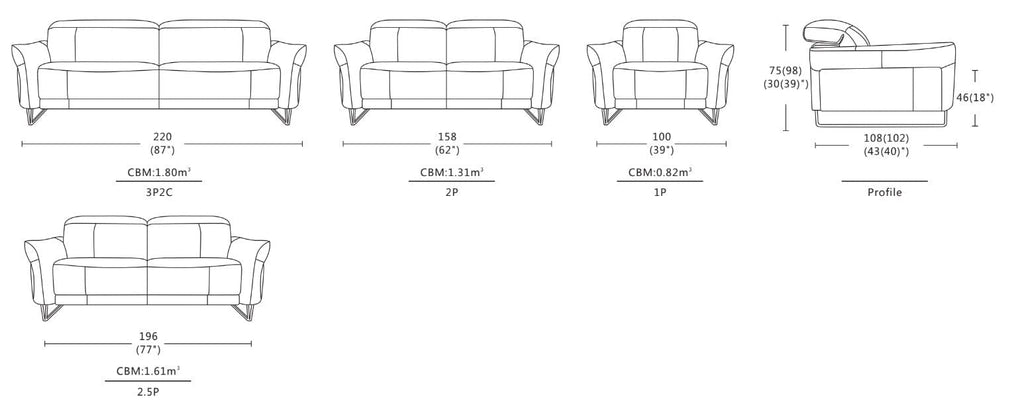Dimensions of Salvio Sofa / Power Incliner / Full Leather