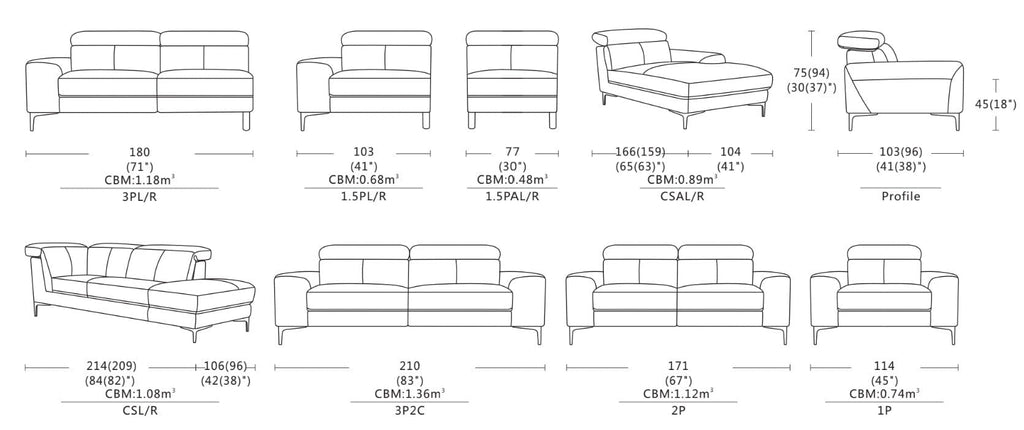 Dimensions of Bentley Sofa / Power Incliner +  Adjustable Headrest / Fabric