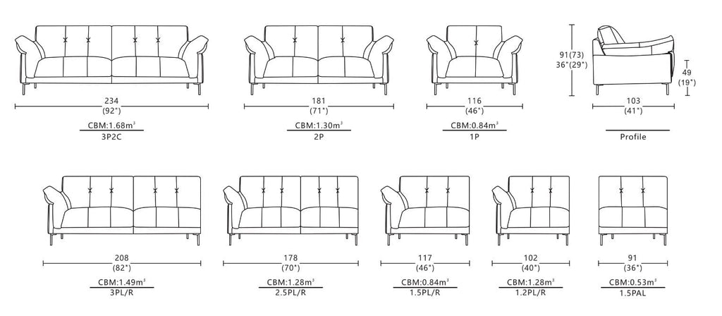 Dimensions of Jonelle Sofa / Fixed / Full Leather
