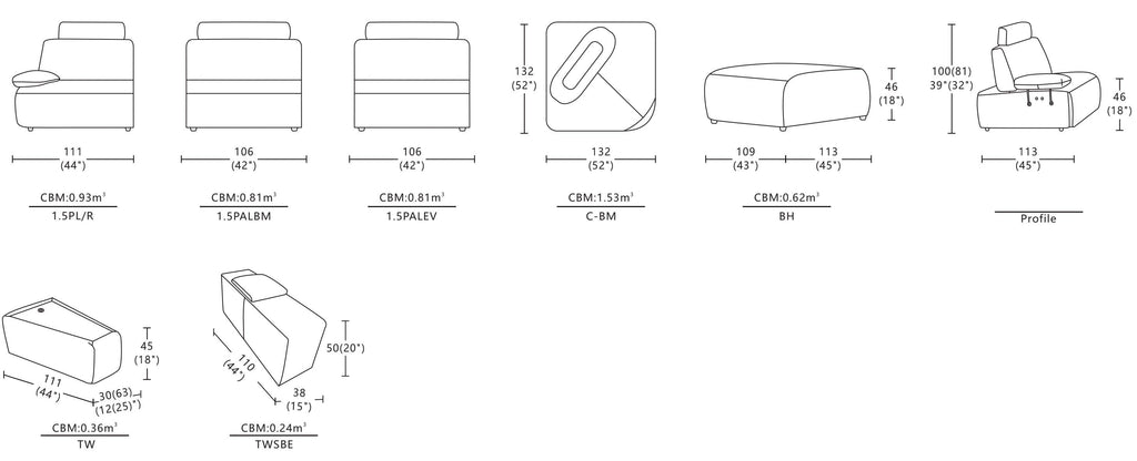 Dimensions of Orazio Sofa / Power Sliding Back-Rest + Incliner / Full Leather