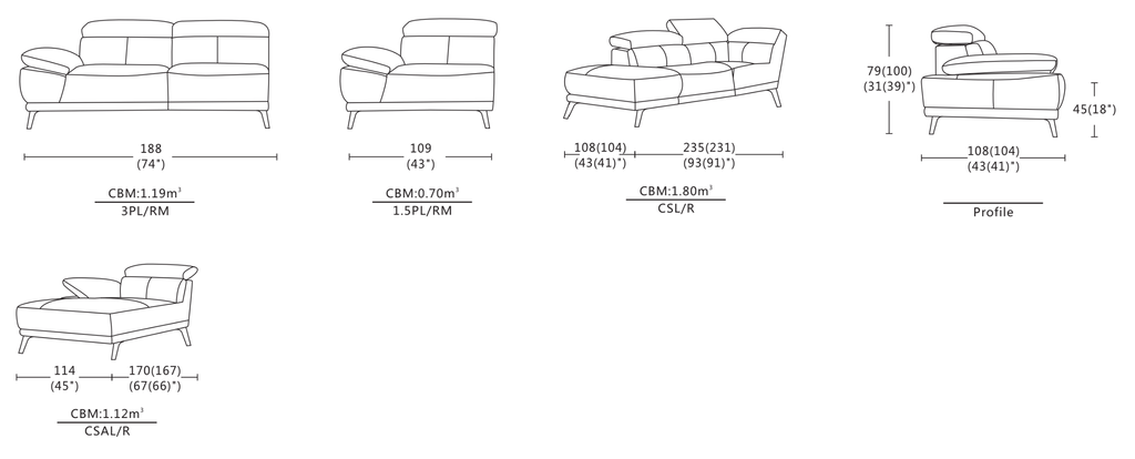Dimensions of Freda Sofa / Fixed / Adjustable Headrest + Armrest / Full Leather