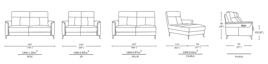 Dimensions of Kelsey Sofa / Power Incliner / Fabric