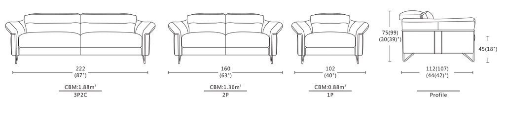 Dimensions of Savanna Sofa / Fixed / Adjustable Headrest / Full Leather