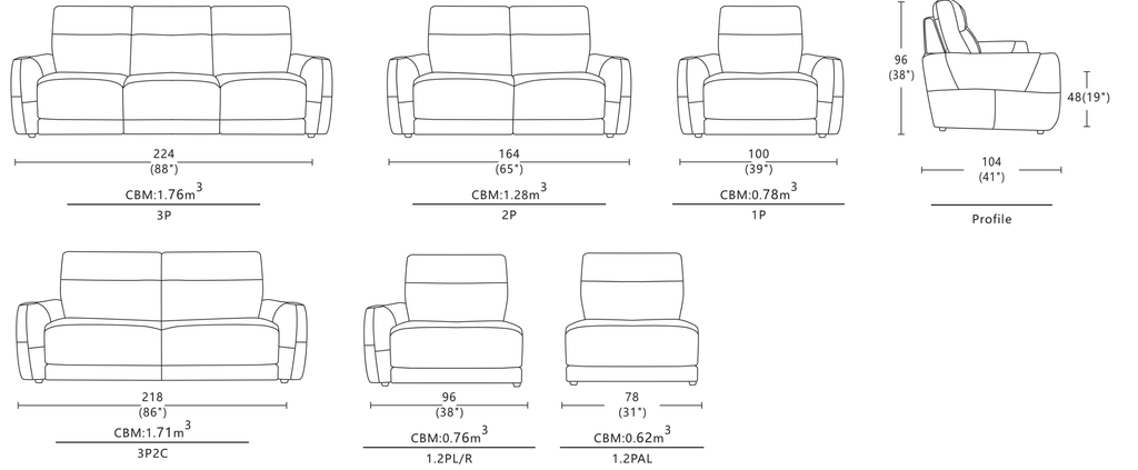 Dimensions of Luciano Sofa / Power Incliner / Fabric