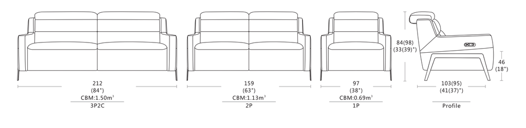  Dimensions of Clifton Sofa / Power Incliner + Adjustable Headrest / Full Leather