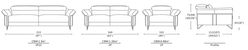 Dimensions of Sylvaine Sofa / Power Incliner + Adjustable Headrest / Full Leather