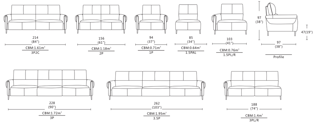 Dimensions of Valeriano Sofa / Fixed / Full Leather