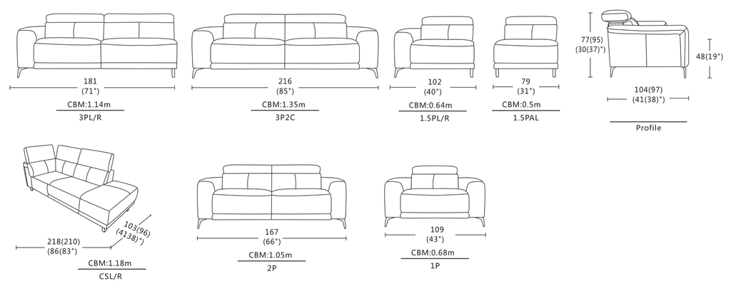 Dimensions of Yvette Sofa / Fixed / Adjustable Headrest / Full Leather